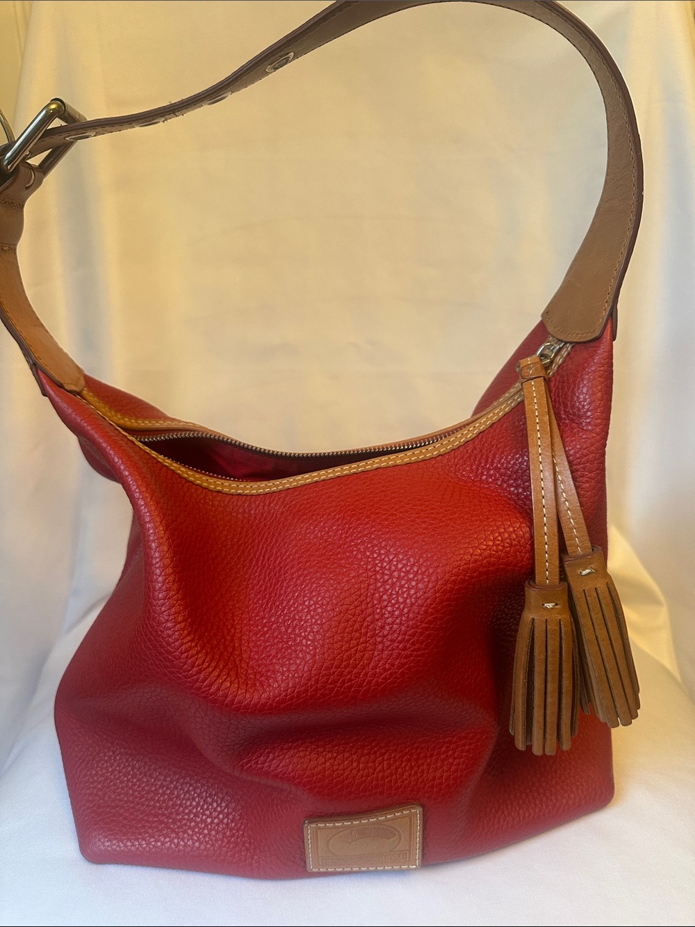 Dooney & Bourke Pebbled Leather Red Hobo Shoulder Bag Tassel EUC